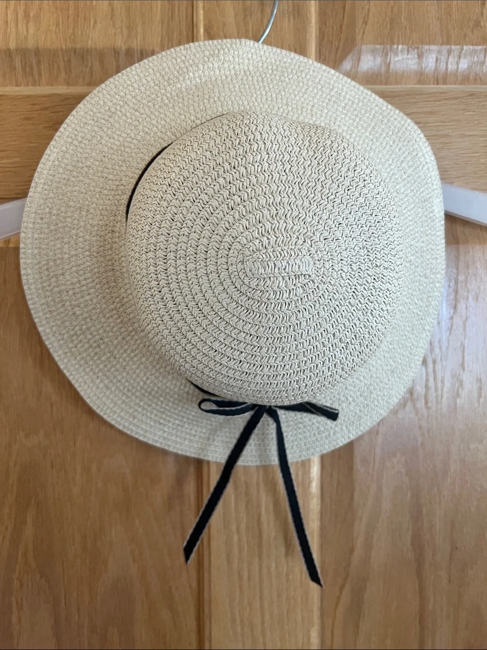 Girl’s Cream Straw Sun Hat with Black Bow Accent